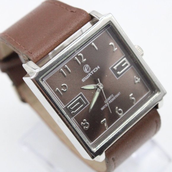 Ewatch Mens Watch Silver Tone Stainless Steel Classic Brown Leather Band - Picture 4 of 8